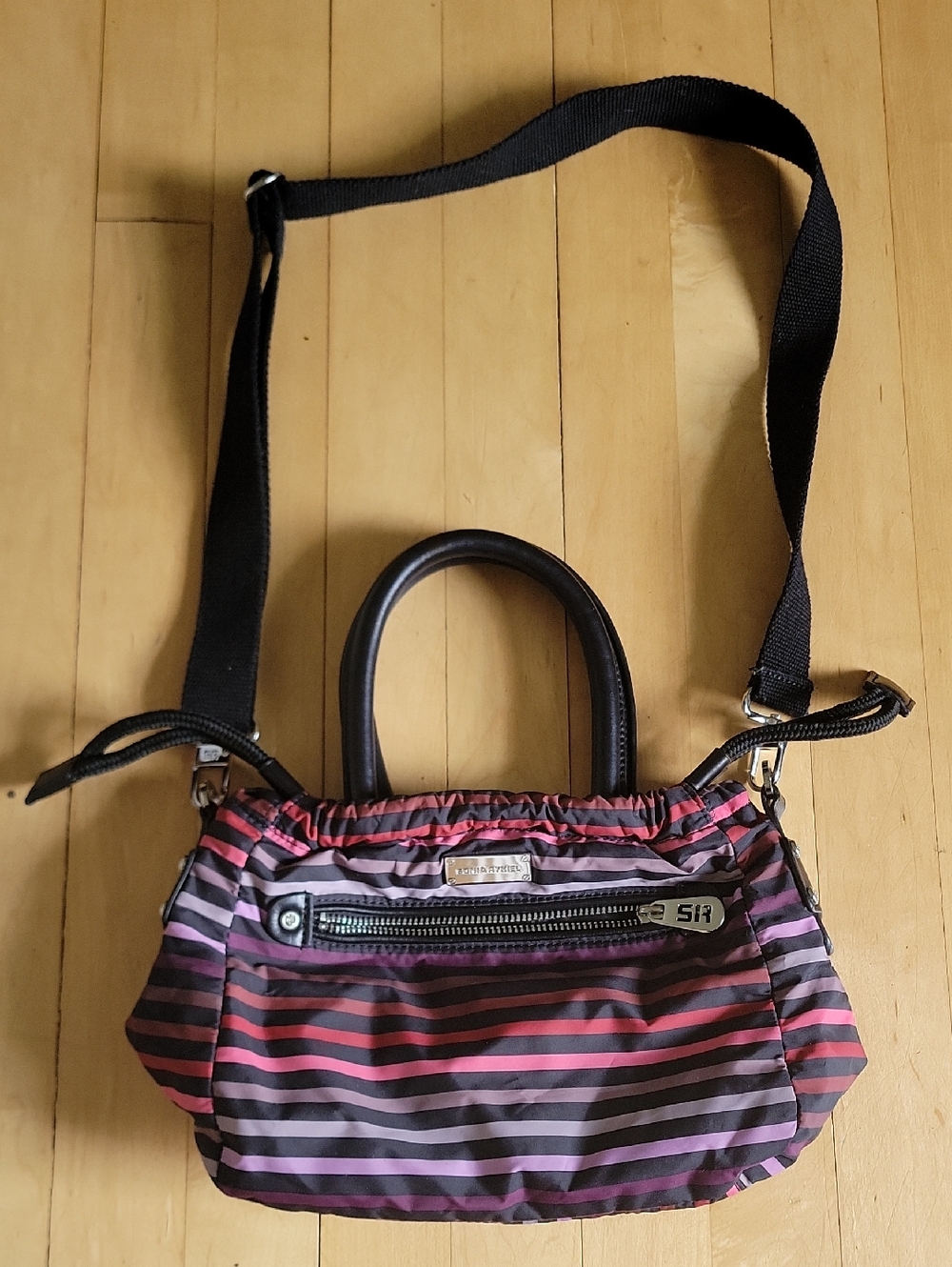 Sonia Rykiel Nylon Stripe Crossbody Bag Black Pink Purple Rainbow With Crystals